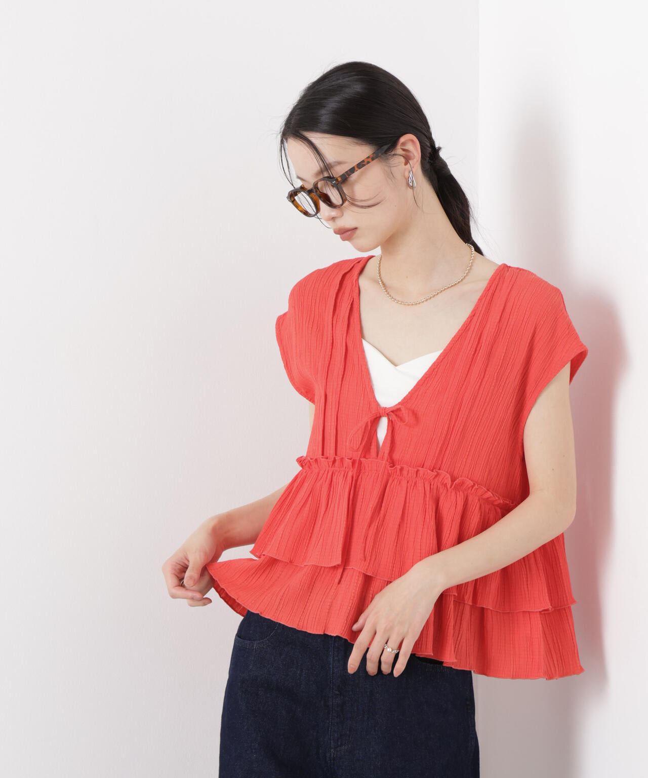 シャーリング楊柳ティアードフリルブラウス 6736121313