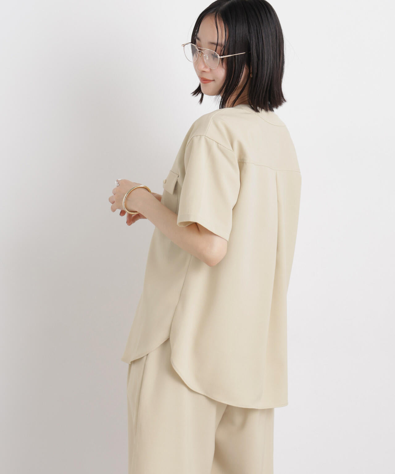 メランジストレッチポケットVネックブラウス(セットアップ可) 6736121316