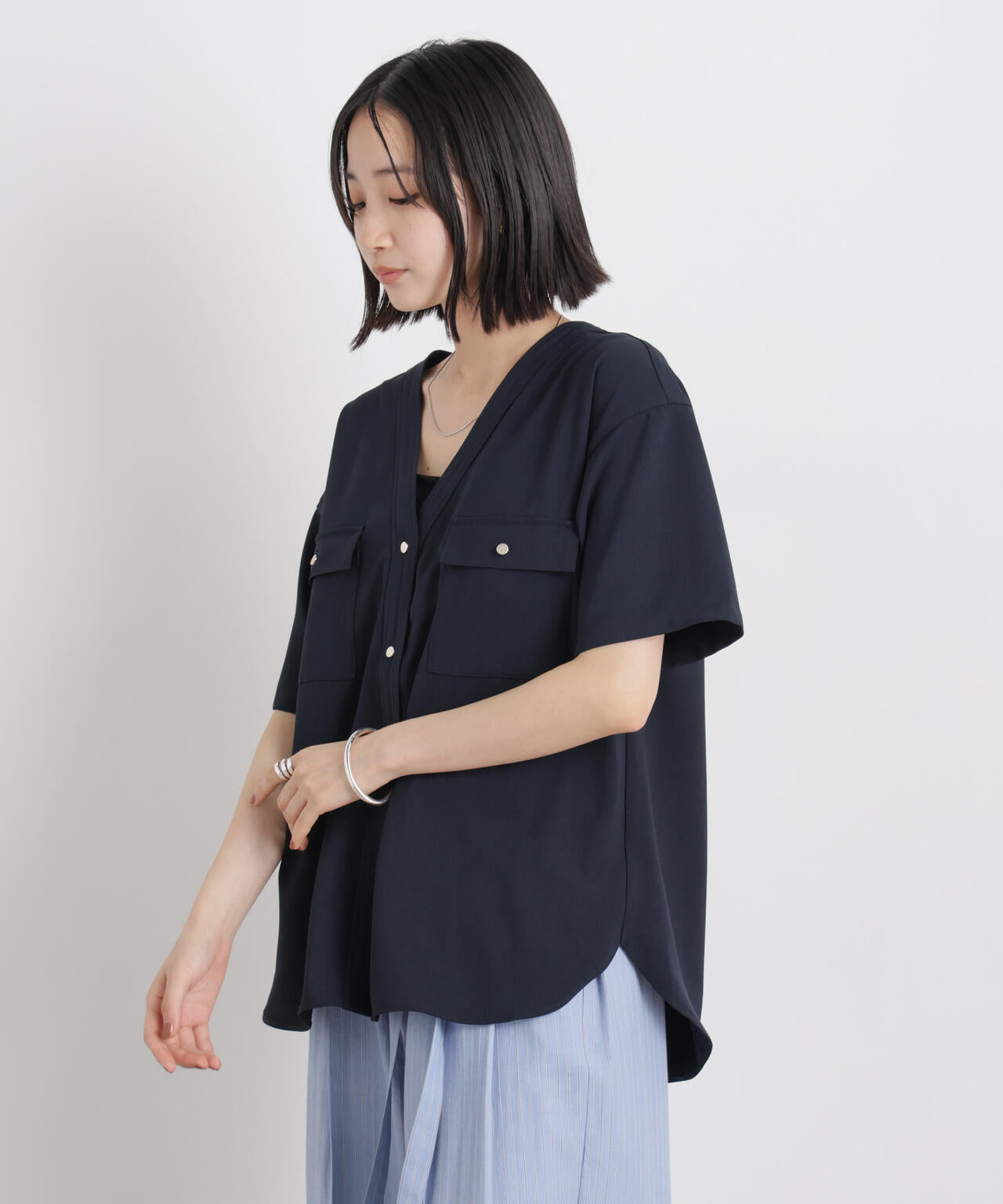 メランジストレッチポケットVネックブラウス(セットアップ可) 6736121316