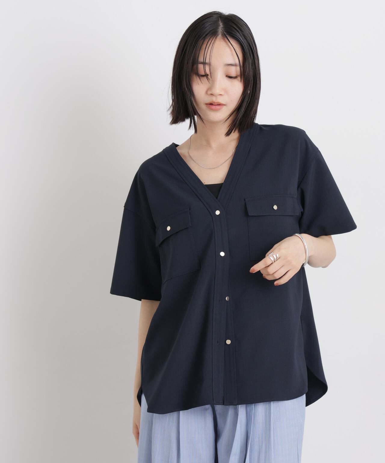 メランジストレッチポケットVネックブラウス(セットアップ可) 6736121316