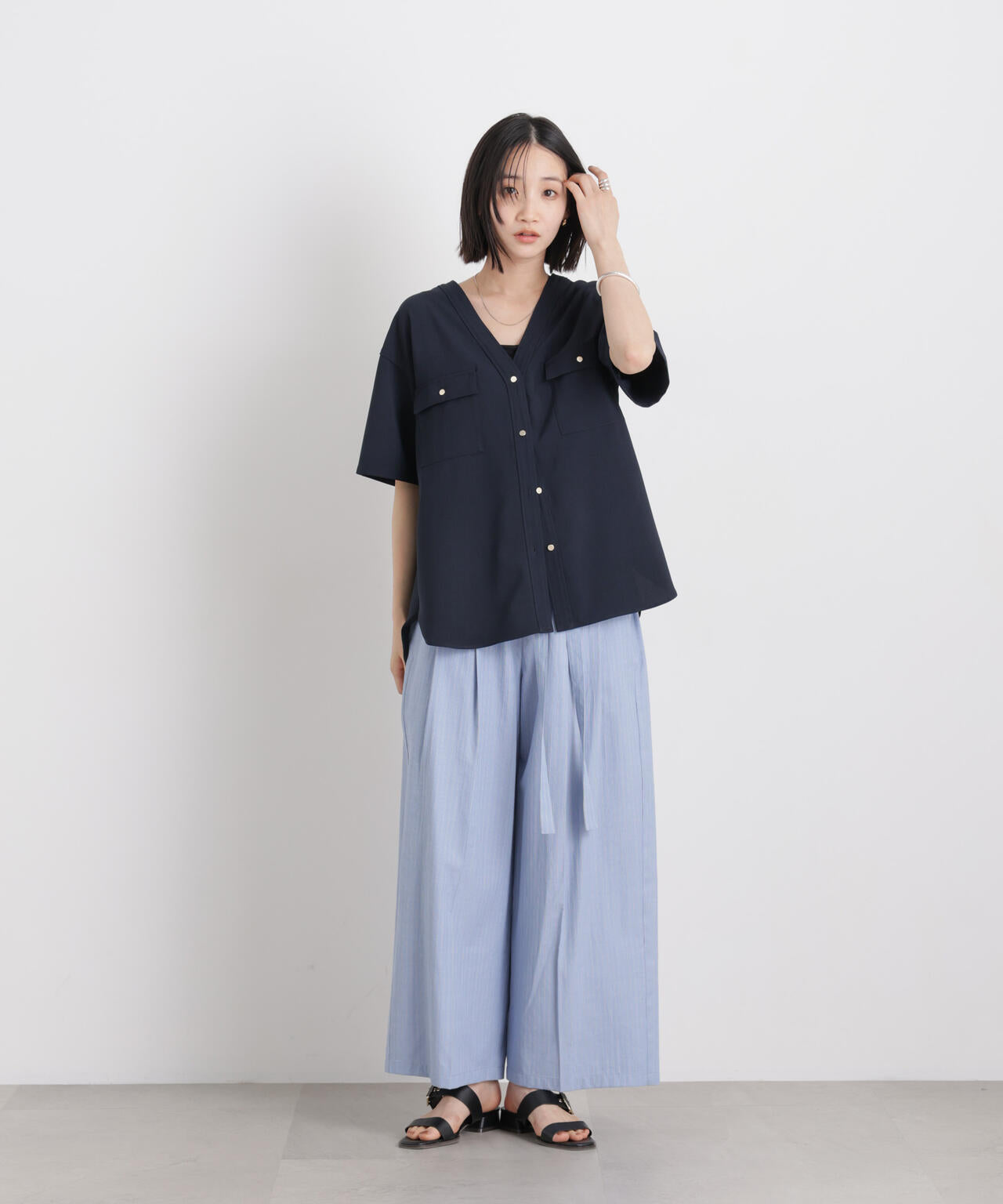 メランジストレッチポケットVネックブラウス(セットアップ可) 6736121316