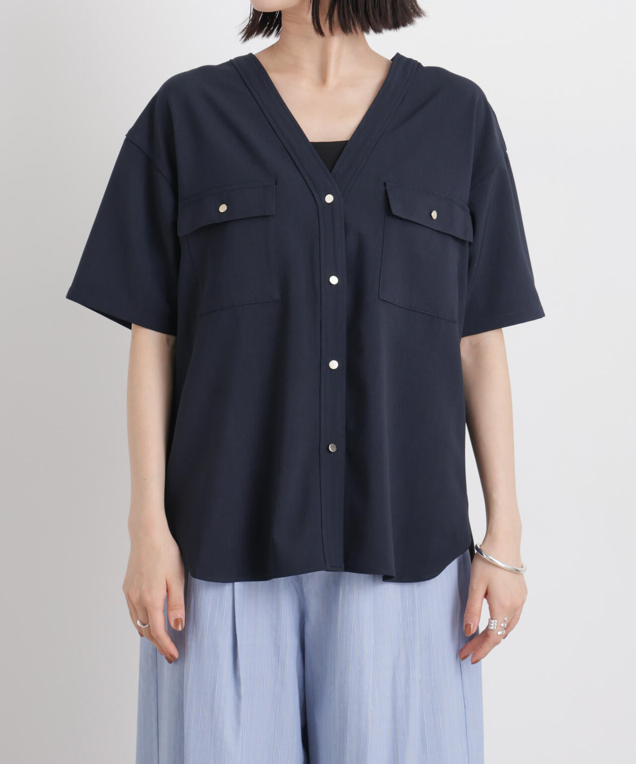 メランジストレッチポケットVネックブラウス(セットアップ可) 6736121316