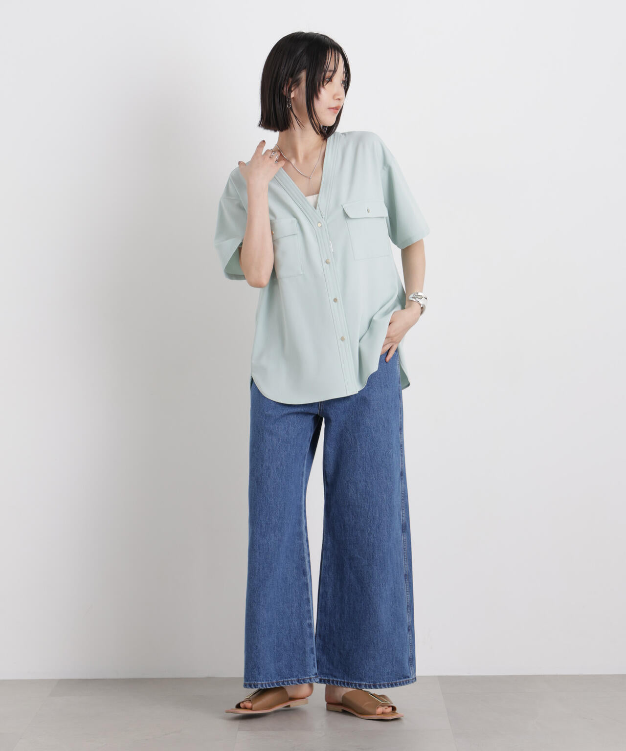 メランジストレッチポケットVネックブラウス(セットアップ可) 6736121316