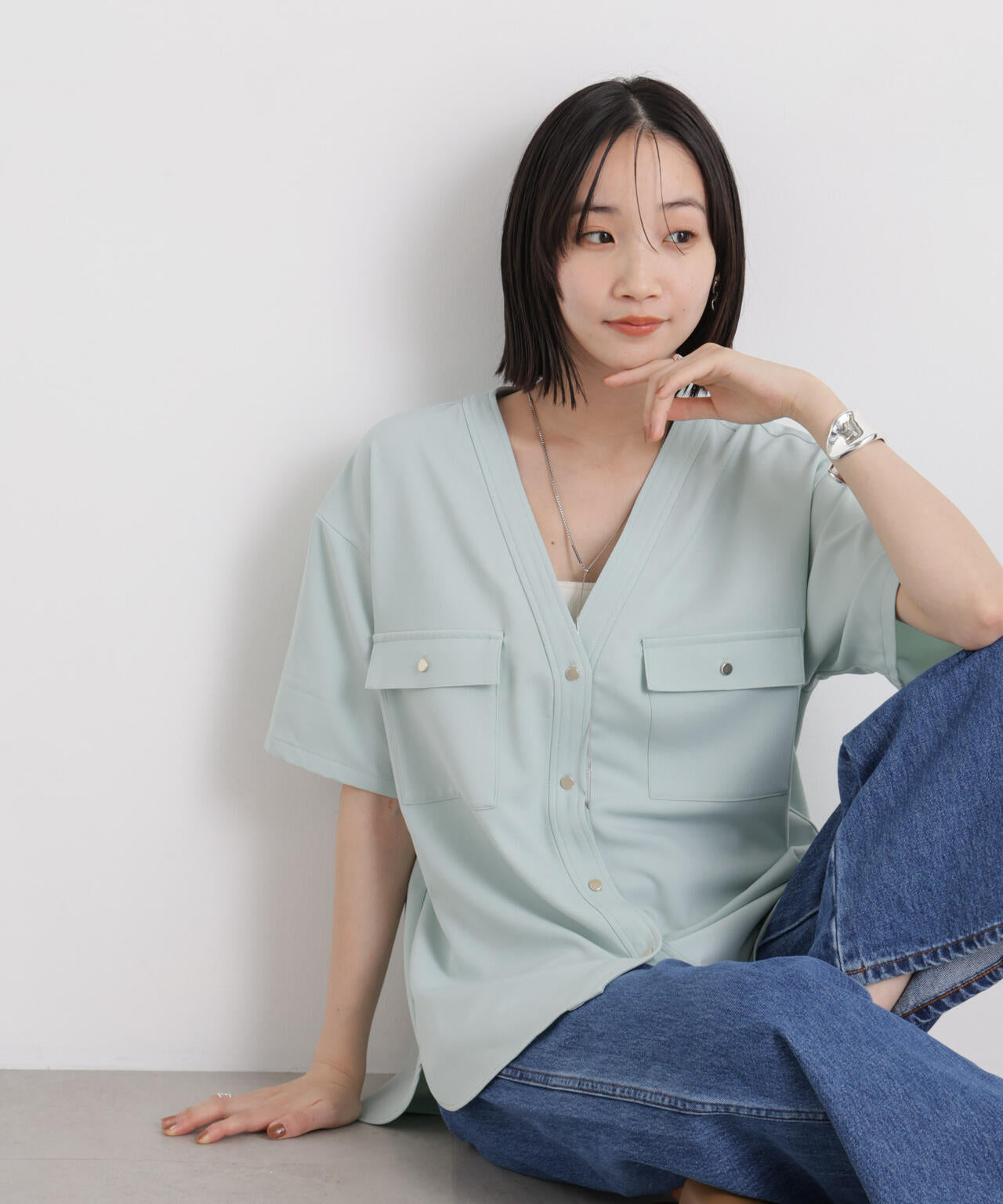 メランジストレッチポケットVネックブラウス(セットアップ可) 6736121316