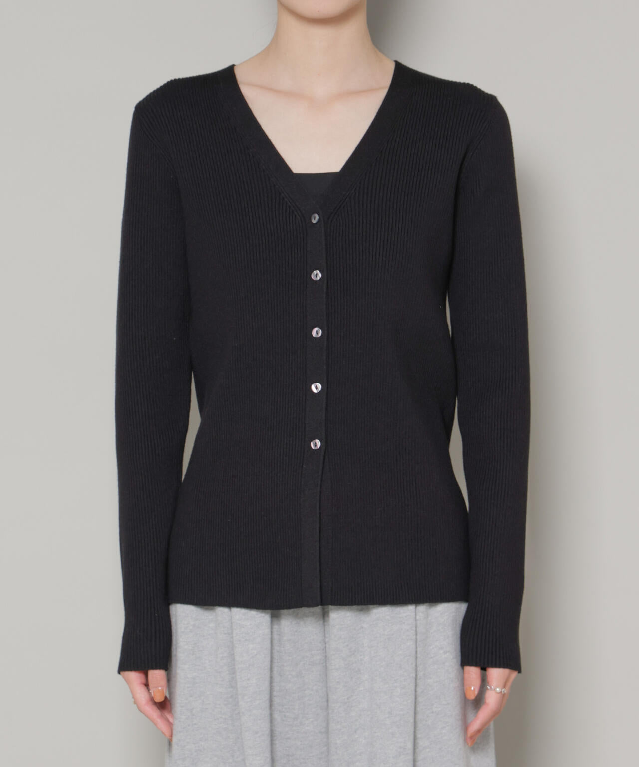裾スリットVネックリブカーディガン 6736122300