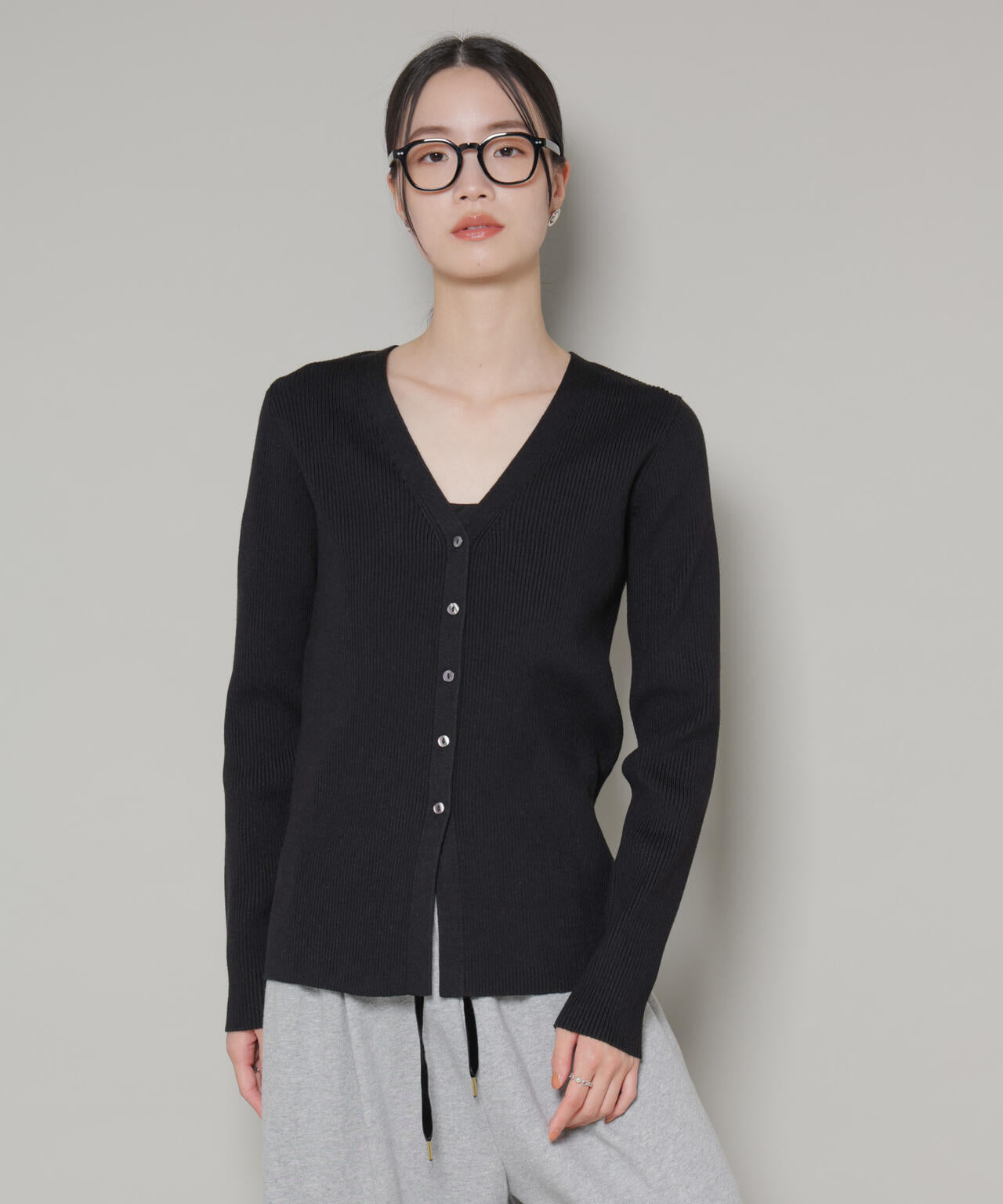 裾スリットVネックリブカーディガン 6736122300
