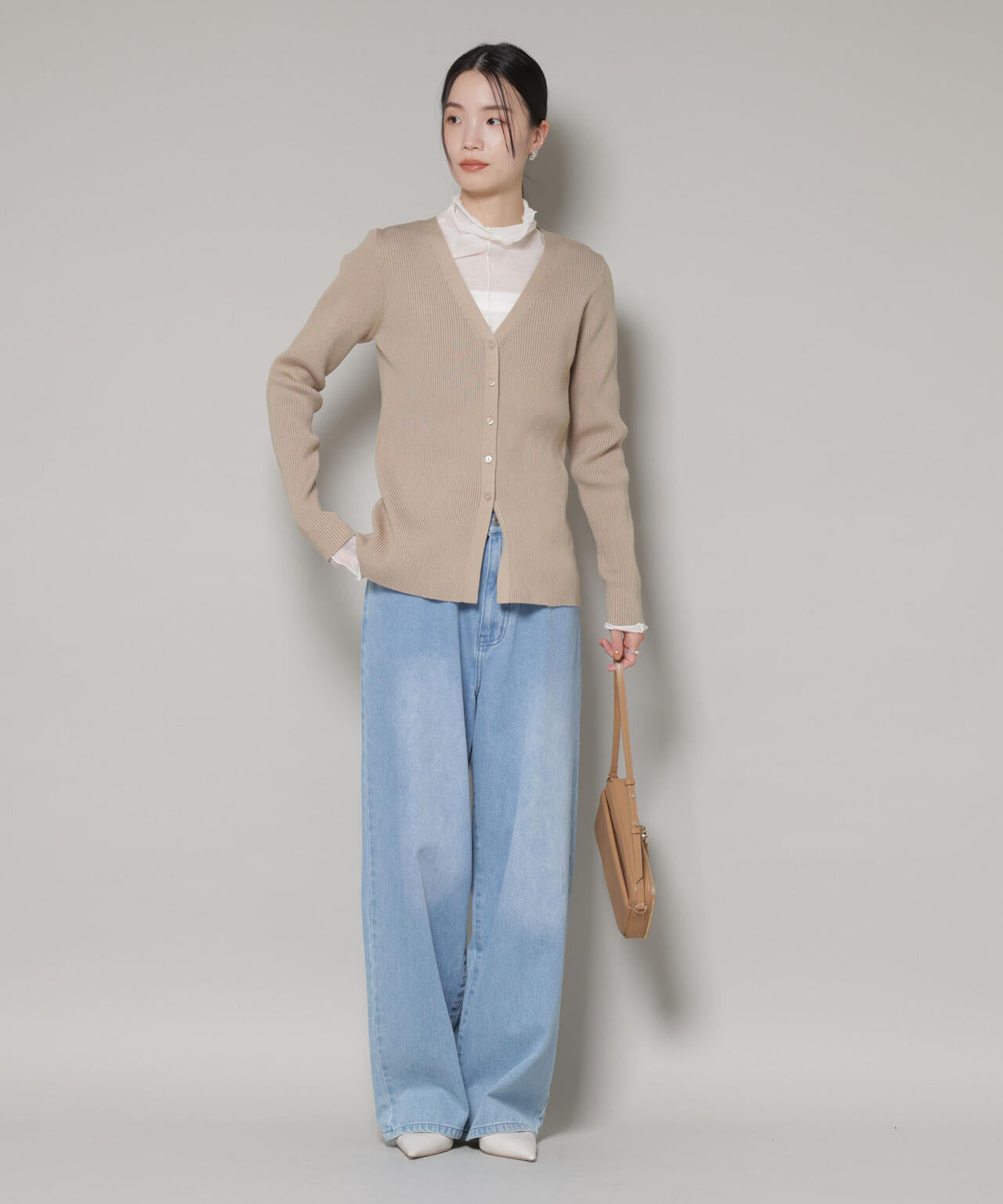 裾スリットVネックリブカーディガン 6736122300