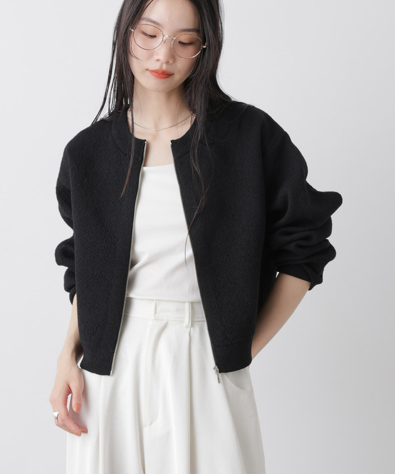 梨地ダブルフェイスジップアップニット 6736122306