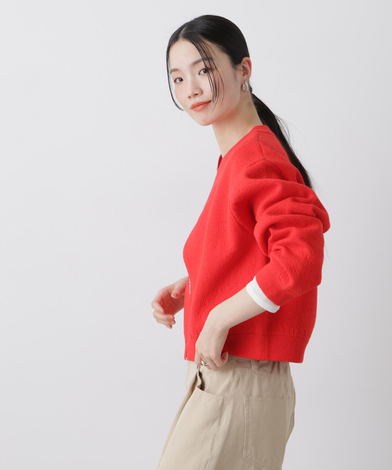 梨地ダブルフェイスジップアップニット 6736122306