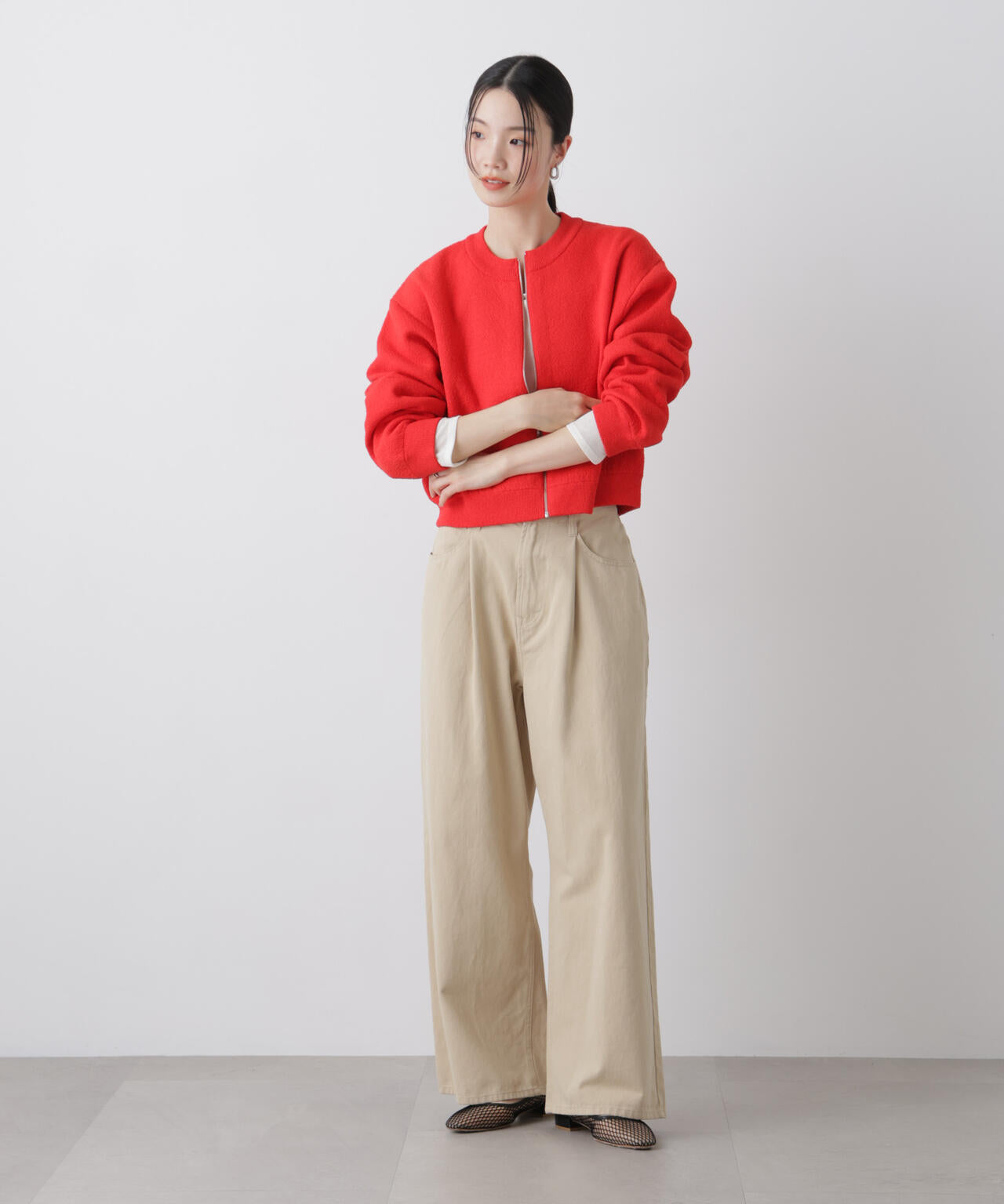 梨地ダブルフェイスジップアップニット 6736122306