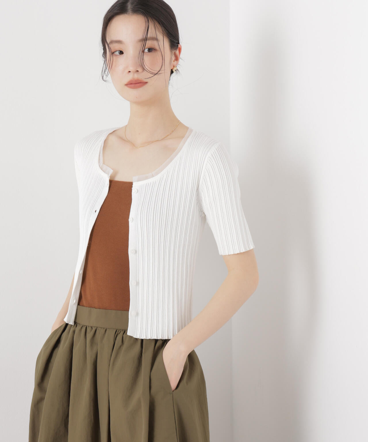 チュールコンビ半袖リブカーディガン 6736122321