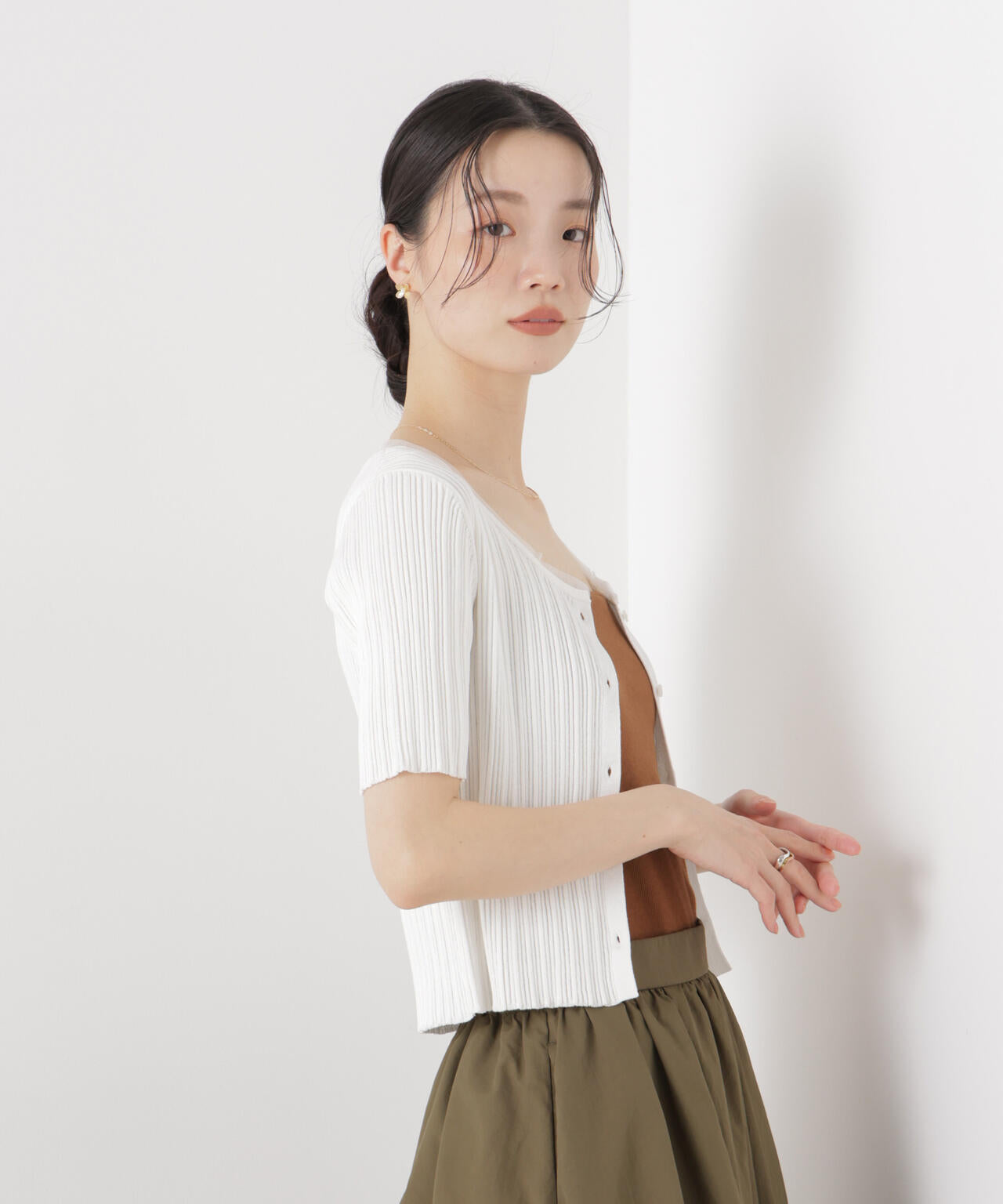 チュールコンビ半袖リブカーディガン 6736122321