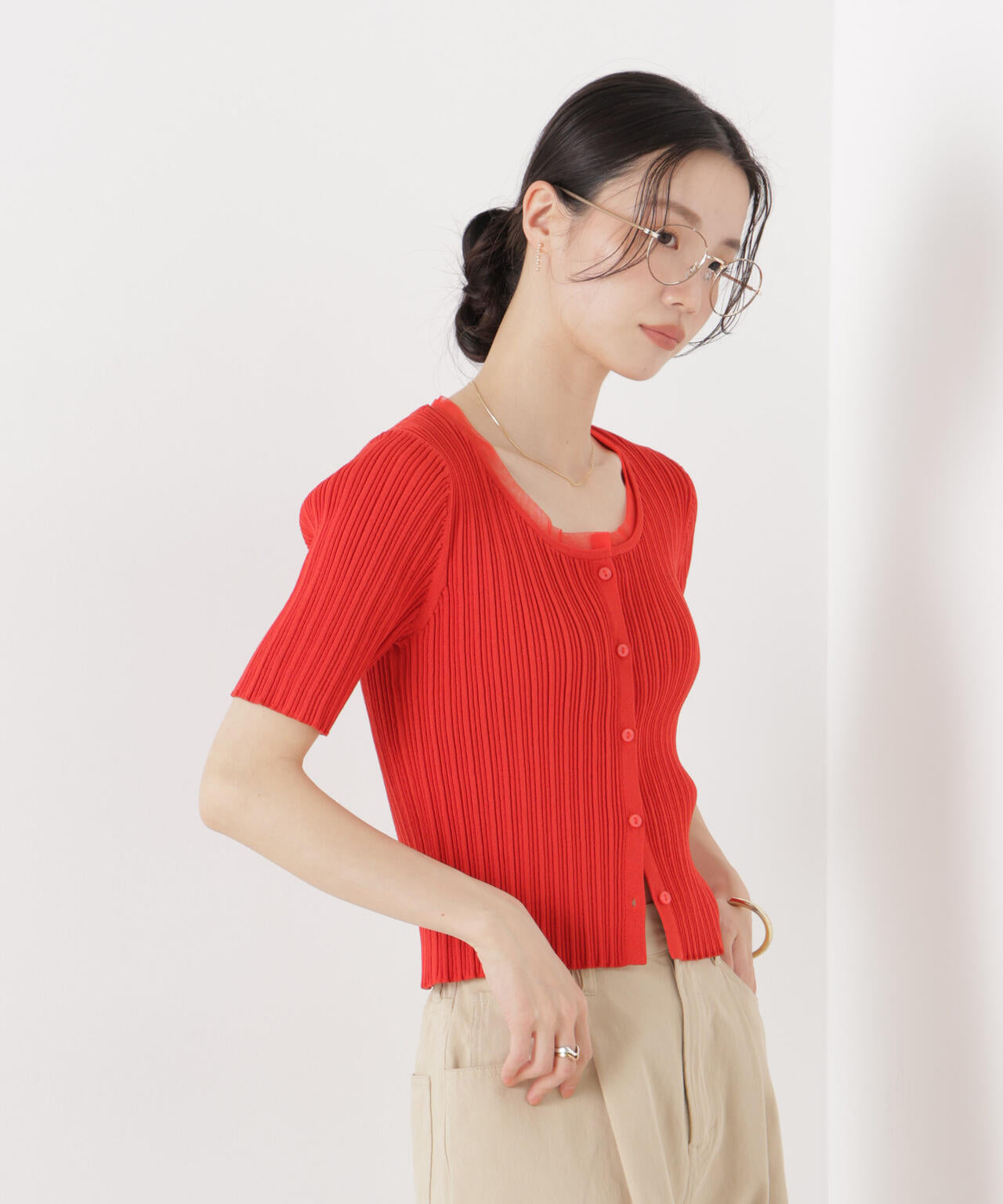 チュールコンビ半袖リブカーディガン 6736122321