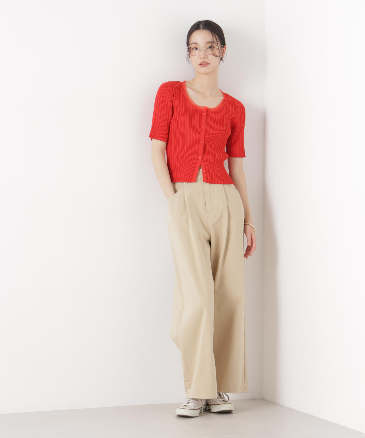 チュールコンビ半袖リブカーディガン 6736122321