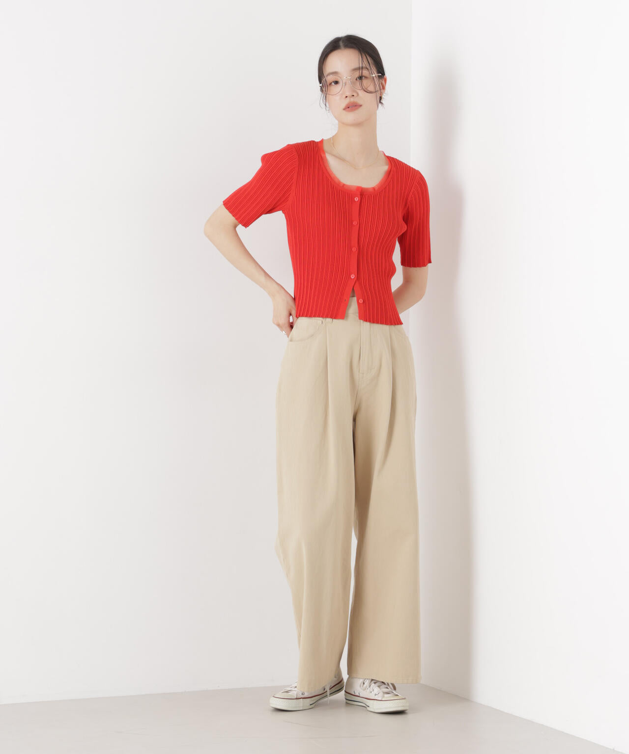 チュールコンビ半袖リブカーディガン 6736122321