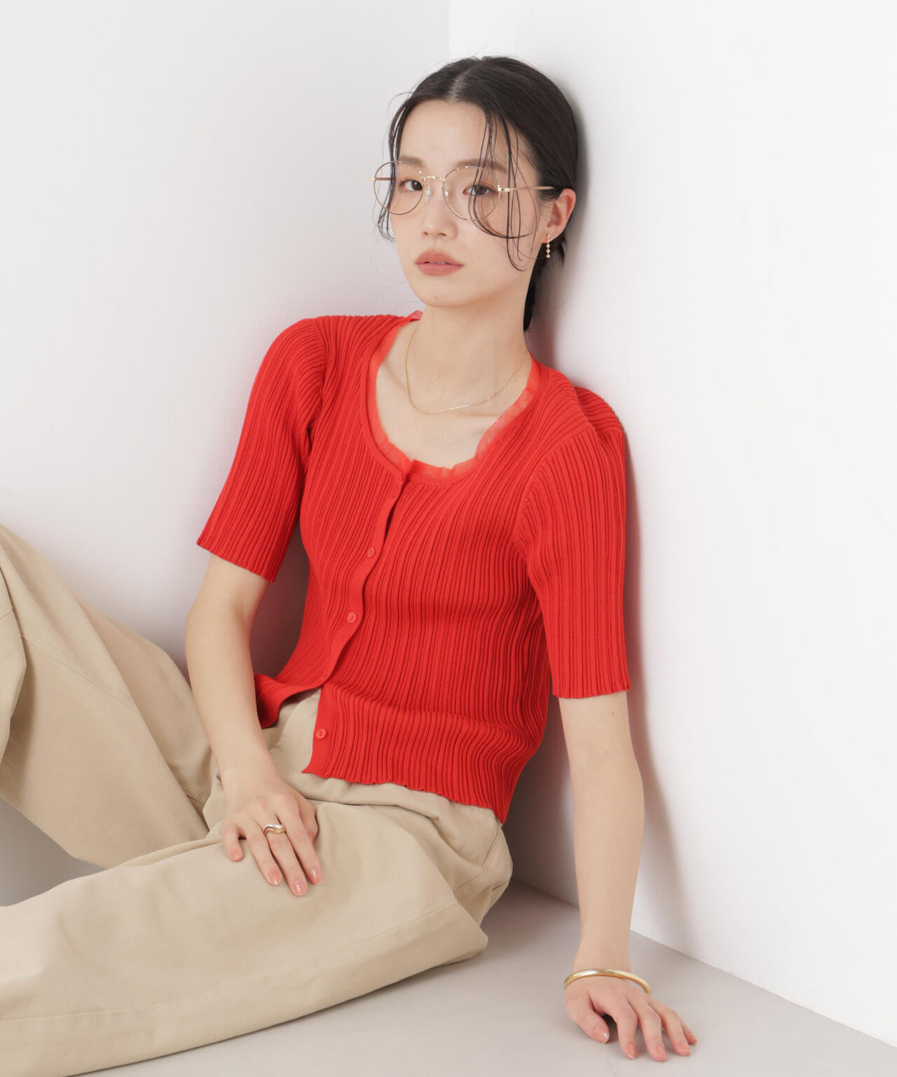 チュールコンビ半袖リブカーディガン