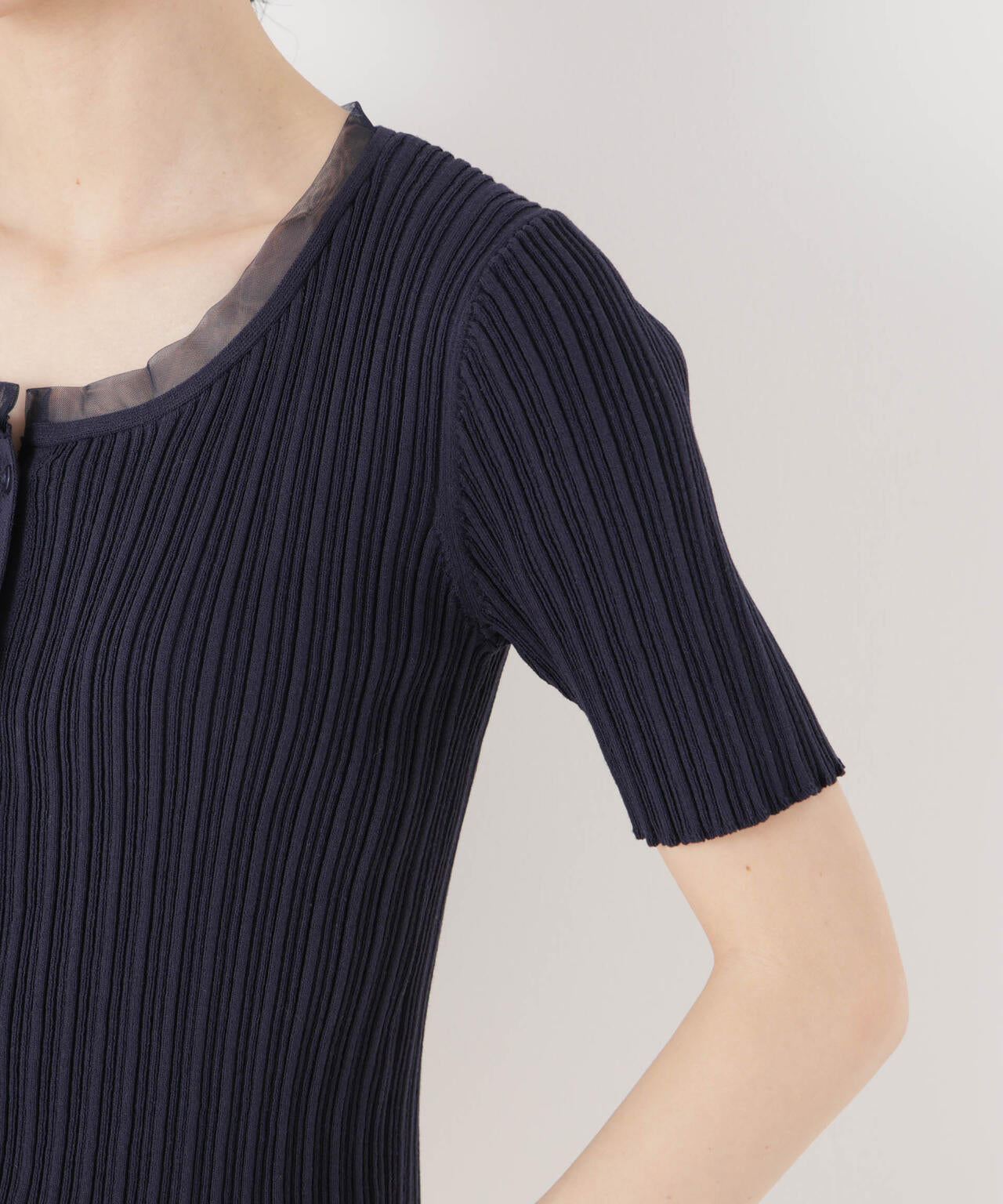 チュールコンビ半袖リブカーディガン 6736122321