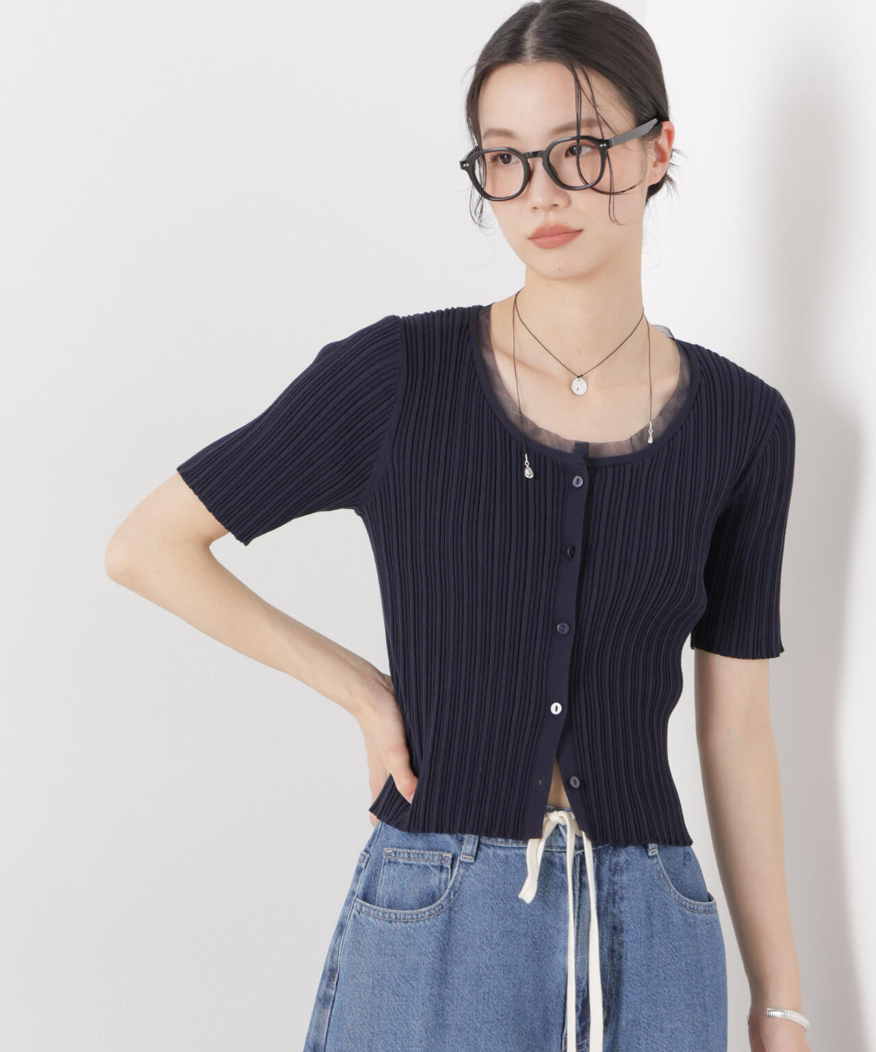 チュールコンビ半袖リブカーディガン