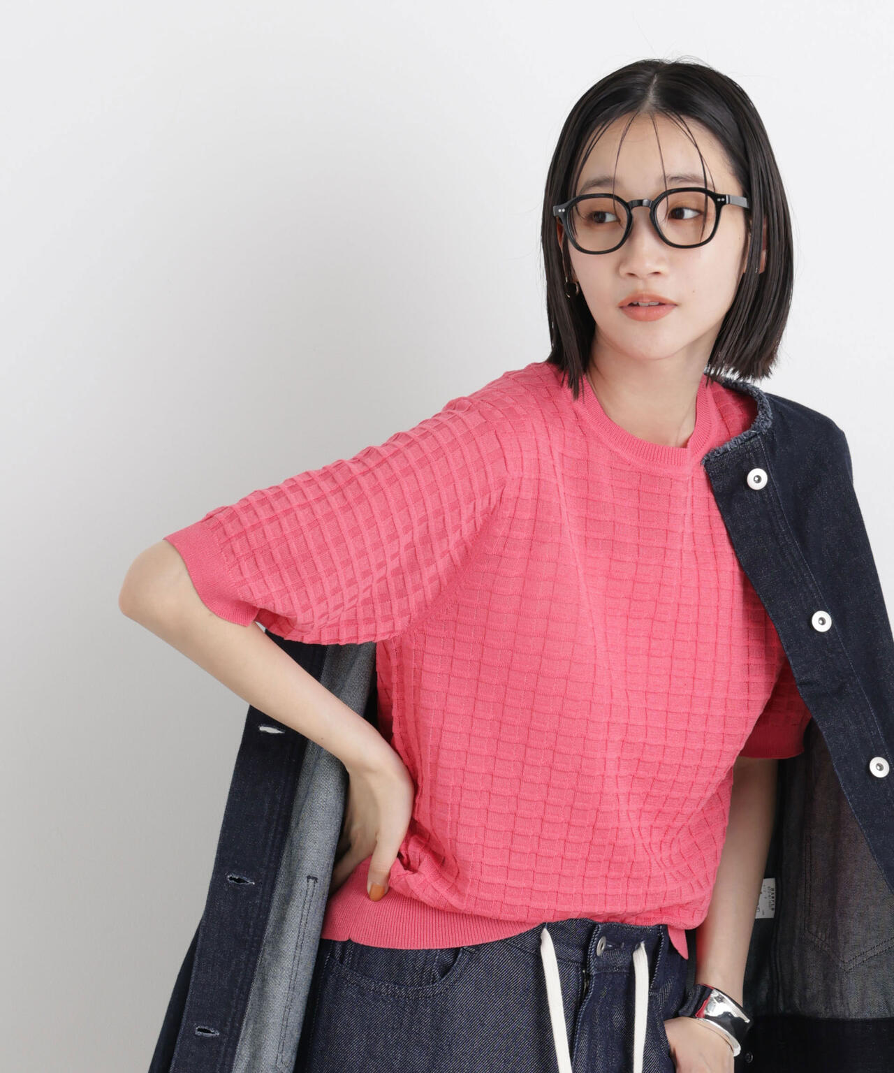 ポコポコスクエア柄クルーネック半袖ニットプルオーバー