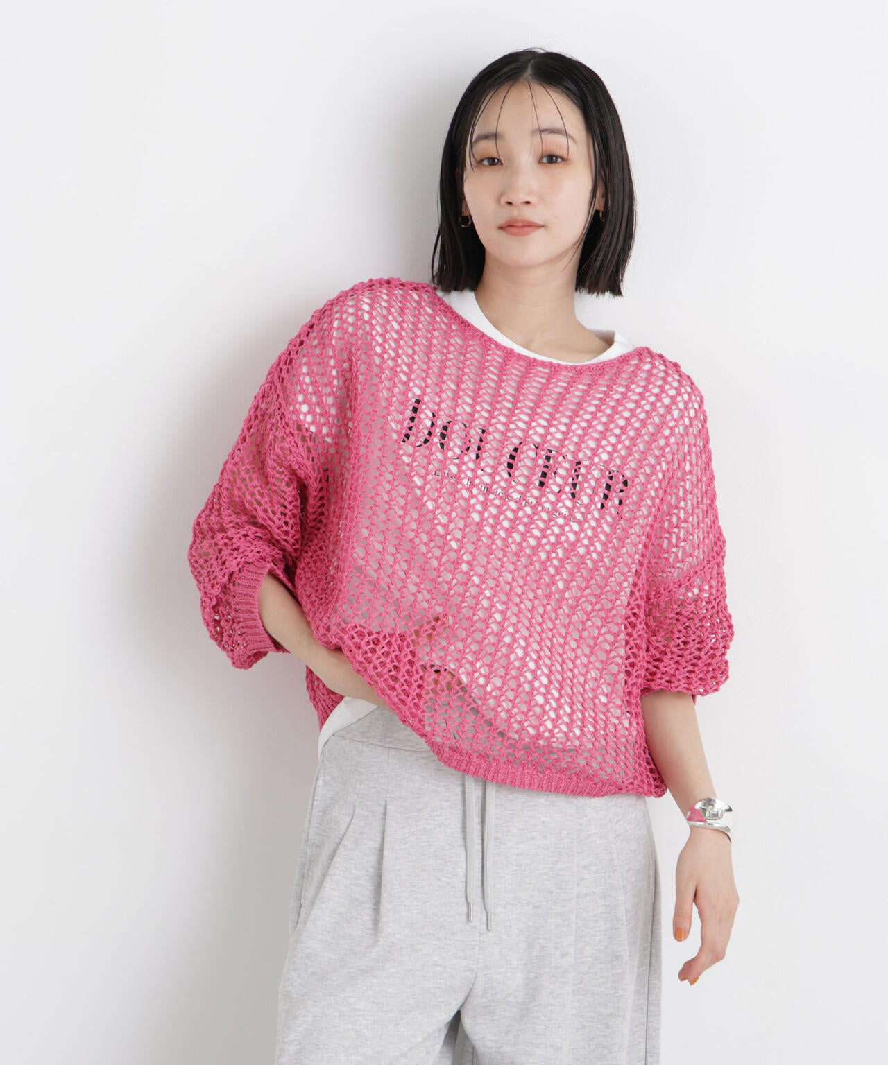 ワイドシルエットメッシュニットプルオーバー