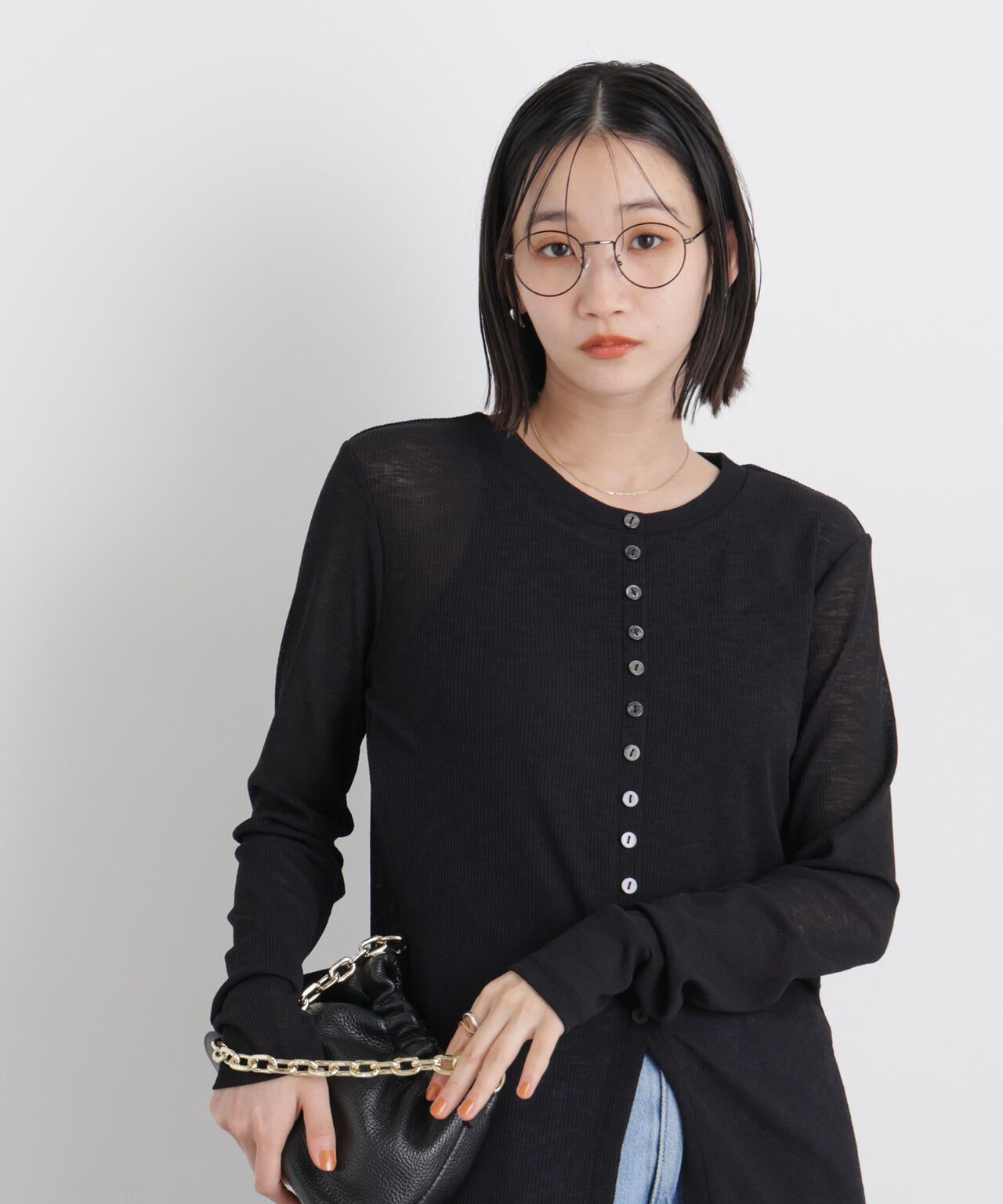 シアーリブカットソー多ボタンデザイントップス