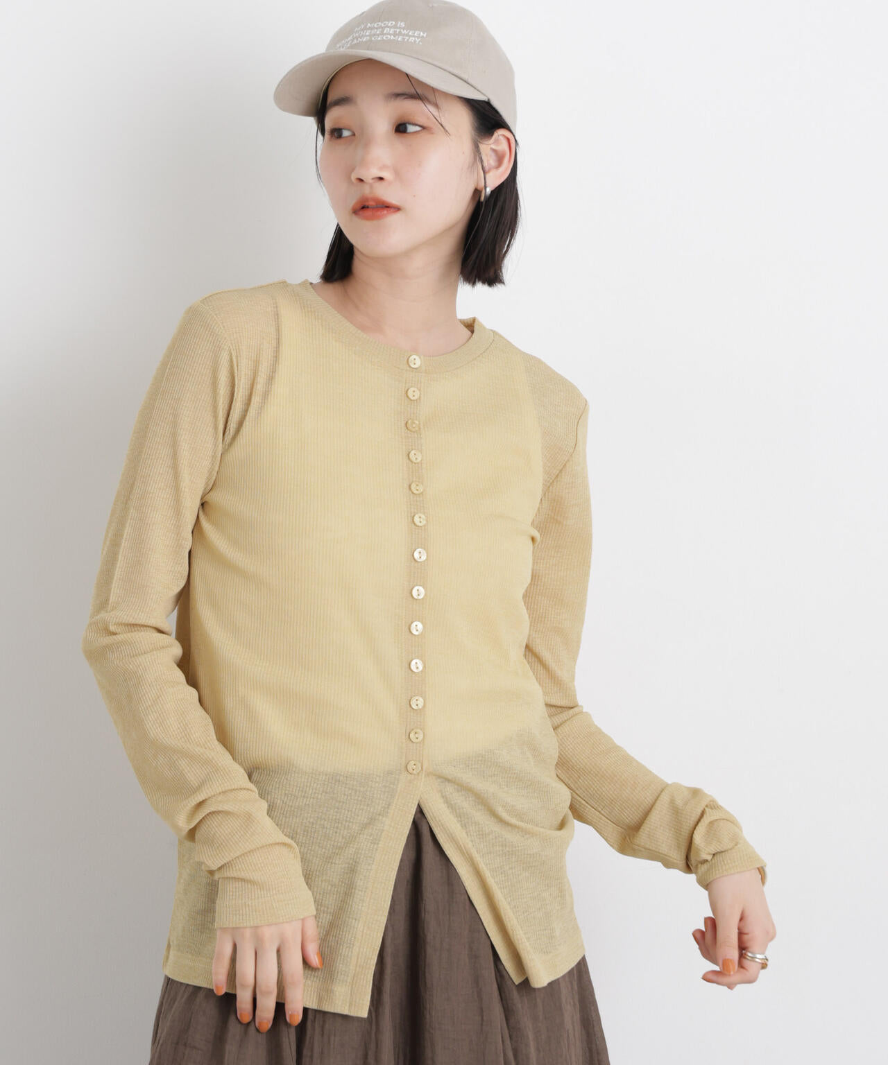 シアーリブカットソー多ボタンデザイントップス