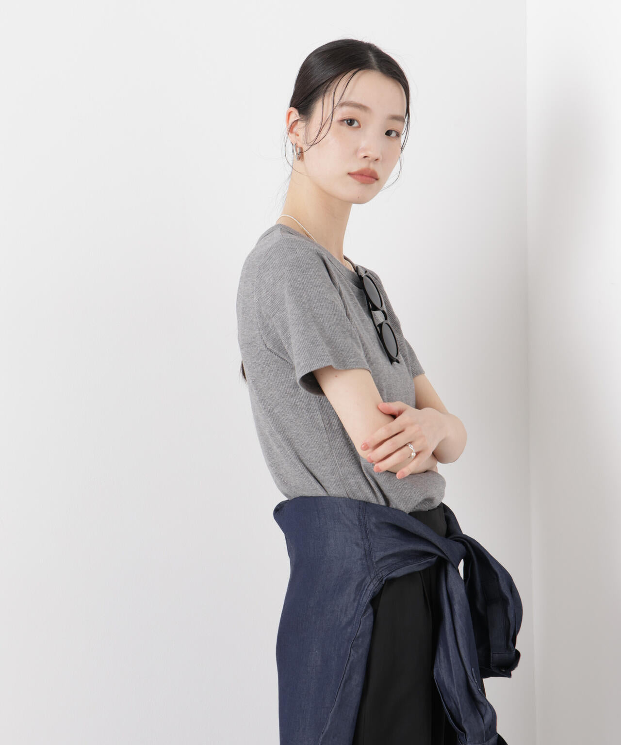 ラメリブカットクルーネックTシャツ 6736124316