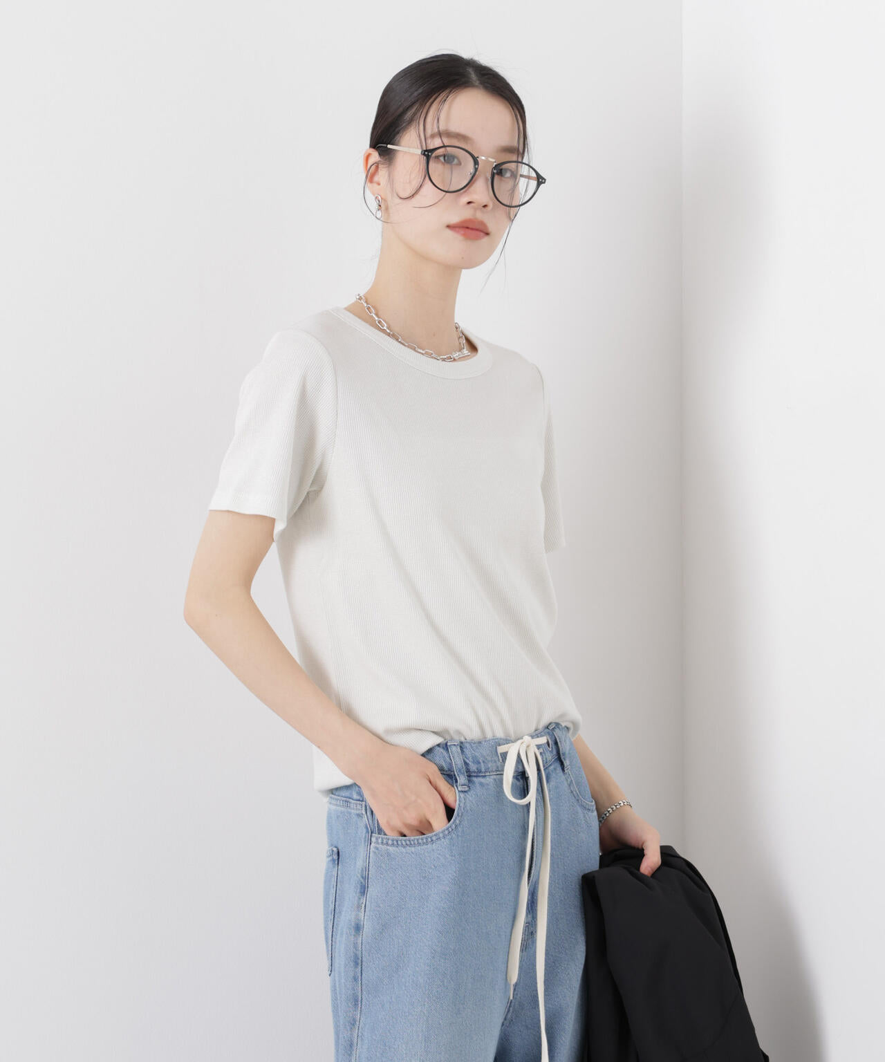 ラメリブカットクルーネックTシャツ 6736124316