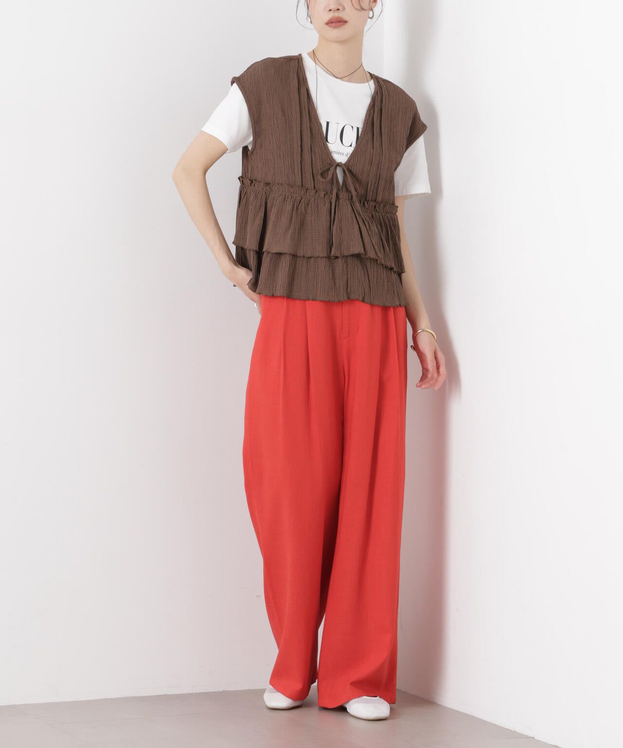 多機能リネン混リボンベルト付タックワイドパンツ(セットアップ可)