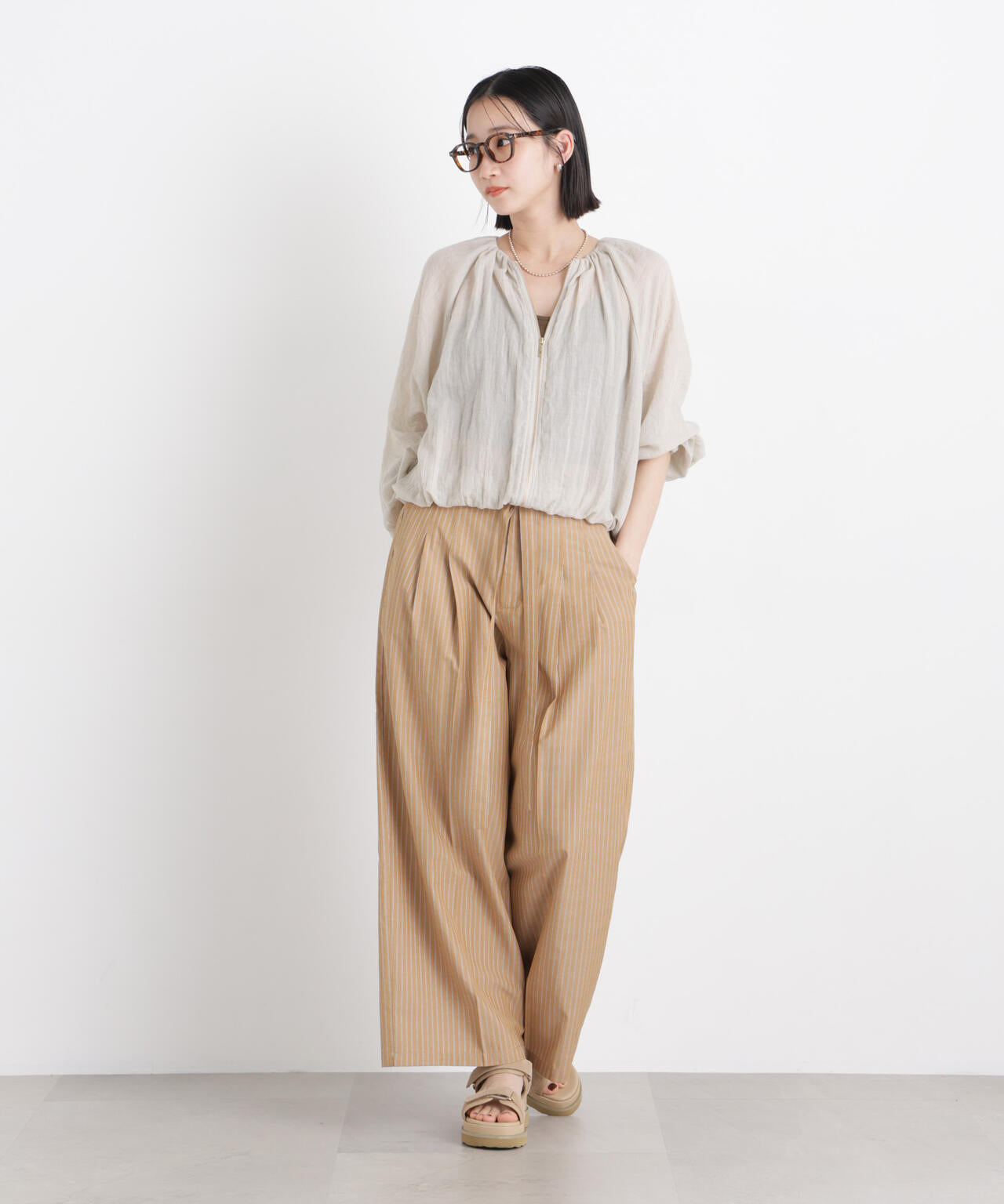 ドビーストライプベルト付タックワイドパンツ(セットアップ可) 6736127314