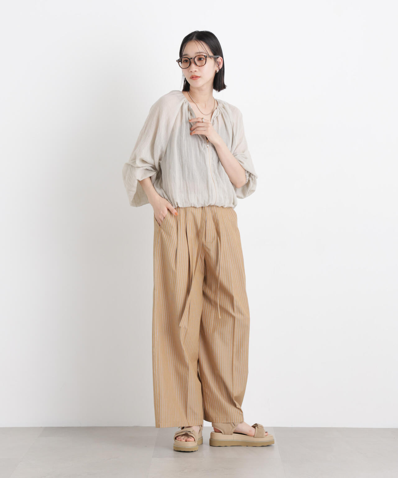 ドビーストライプベルト付タックワイドパンツ(セットアップ可) 6736127314