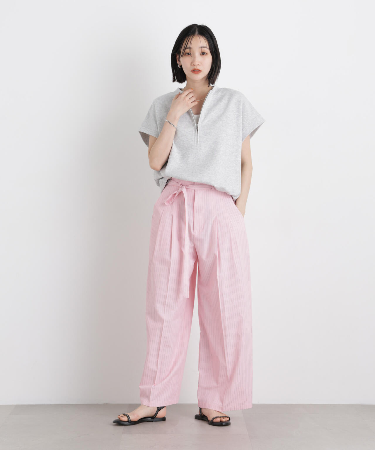 ドビーストライプベルト付タックワイドパンツ(セットアップ可) 6736127314