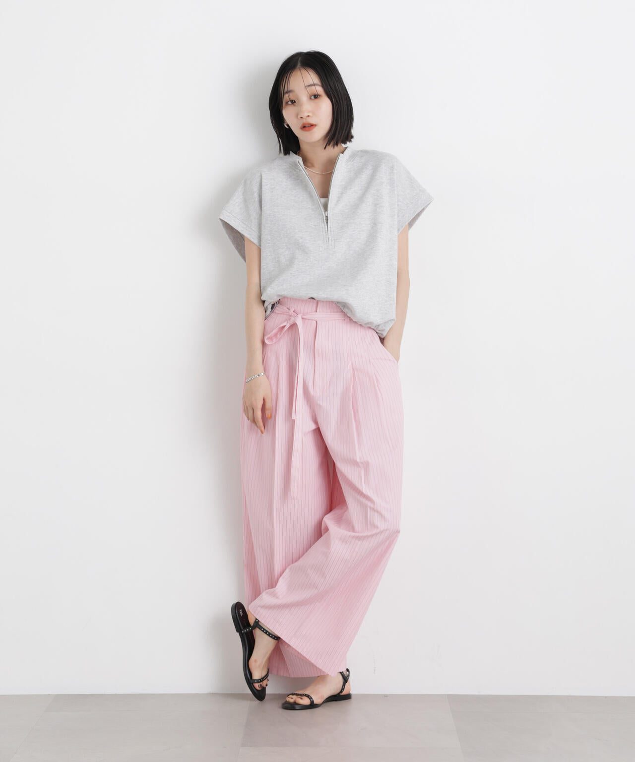 ドビーストライプベルト付タックワイドパンツ(セットアップ可) 6736127314