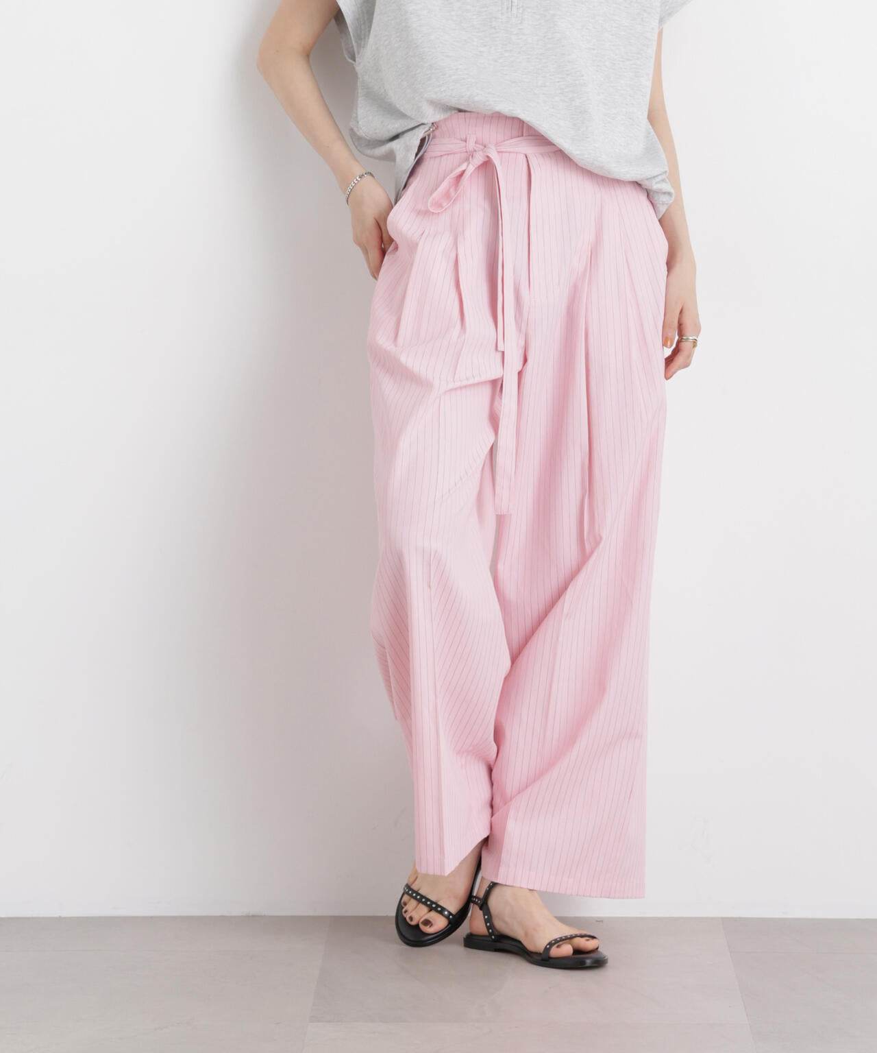 ドビーストライプベルト付タックワイドパンツ(セットアップ可) 6736127314