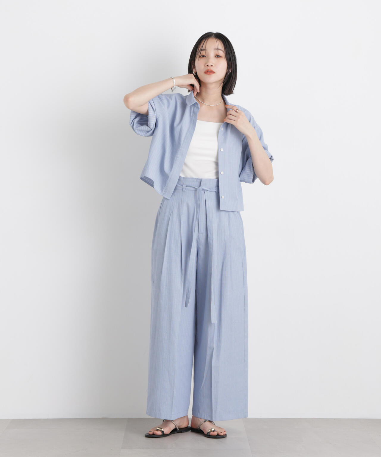 ドビーストライプベルト付タックワイドパンツ(セットアップ可) 6736127314