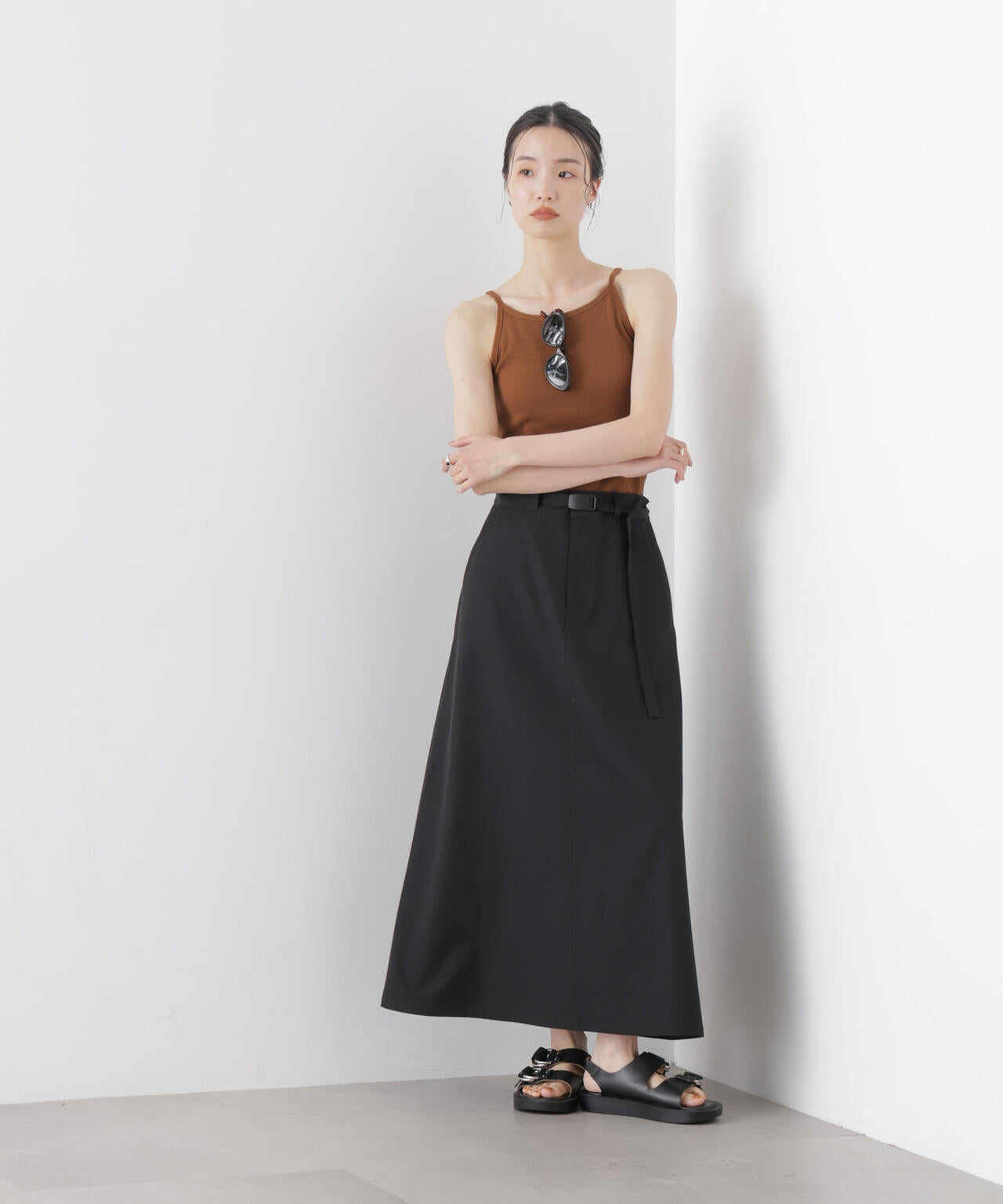 多機能2wayストレッチ ベルテッドセミフレアマキシスカート(セットアップ可) 6736130305