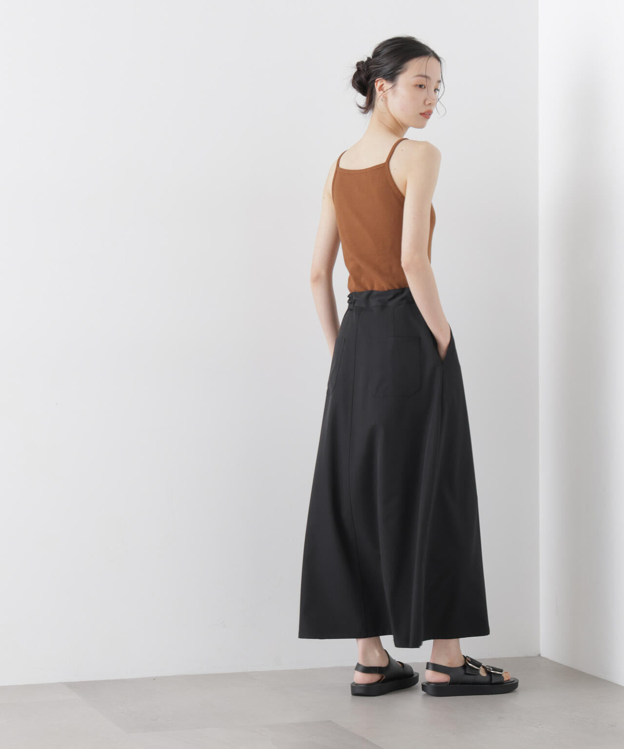 多機能2wayストレッチ ベルテッドセミフレアマキシスカート(セットアップ可) 6736130305