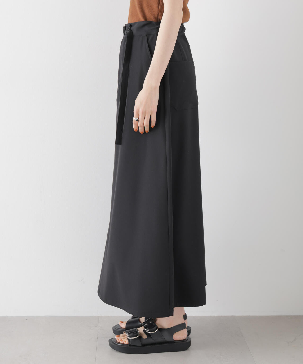 多機能2wayストレッチ ベルテッドセミフレアマキシスカート(セットアップ可) 6736130305