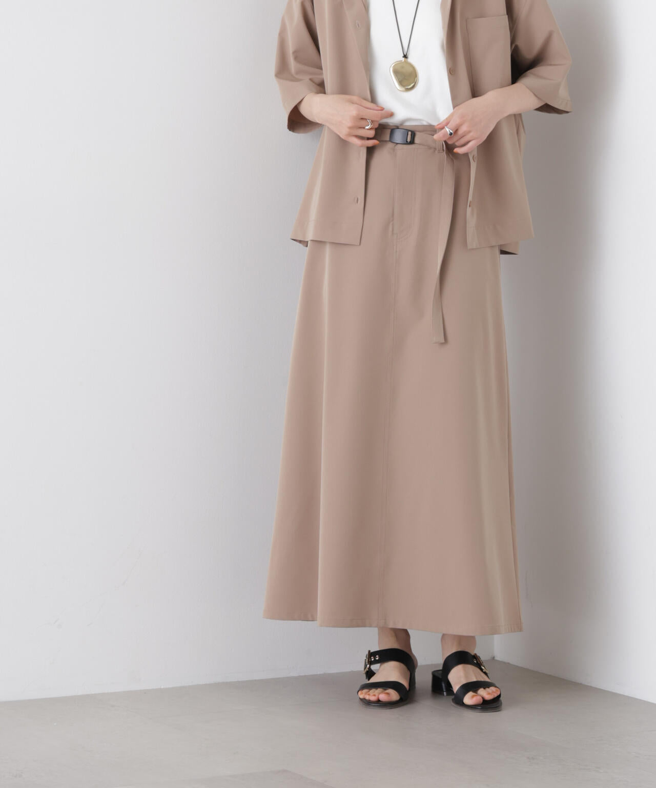 多機能2wayストレッチ ベルテッドセミフレアマキシスカート(セットアップ可) 6736130305