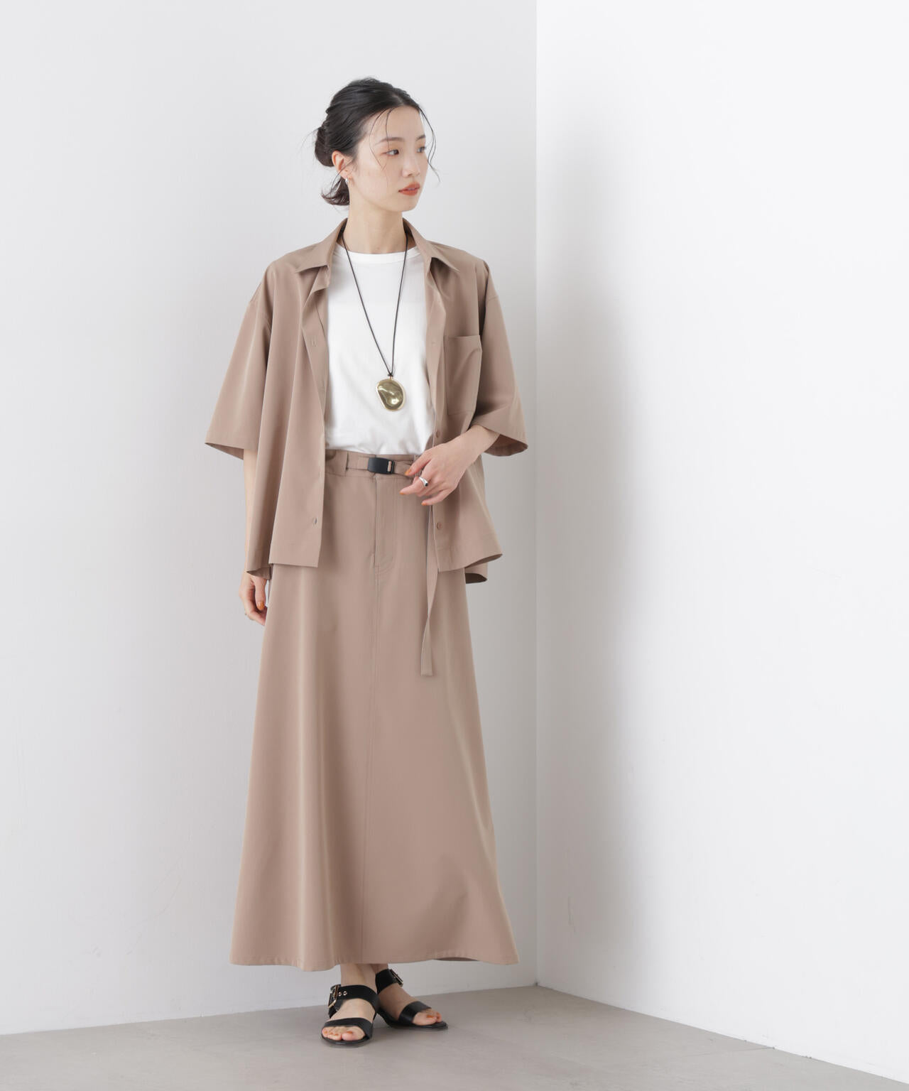 多機能2wayストレッチ ベルテッドセミフレアマキシスカート(セットアップ可) 6736130305