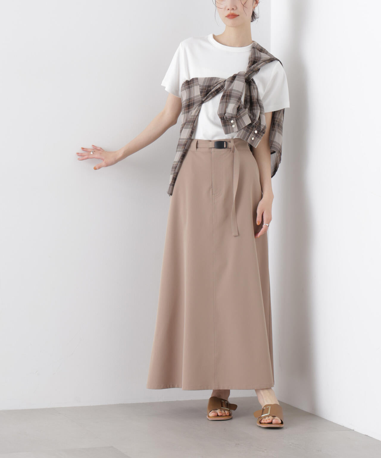 多機能2wayストレッチ ベルテッドセミフレアマキシスカート(セットアップ可)