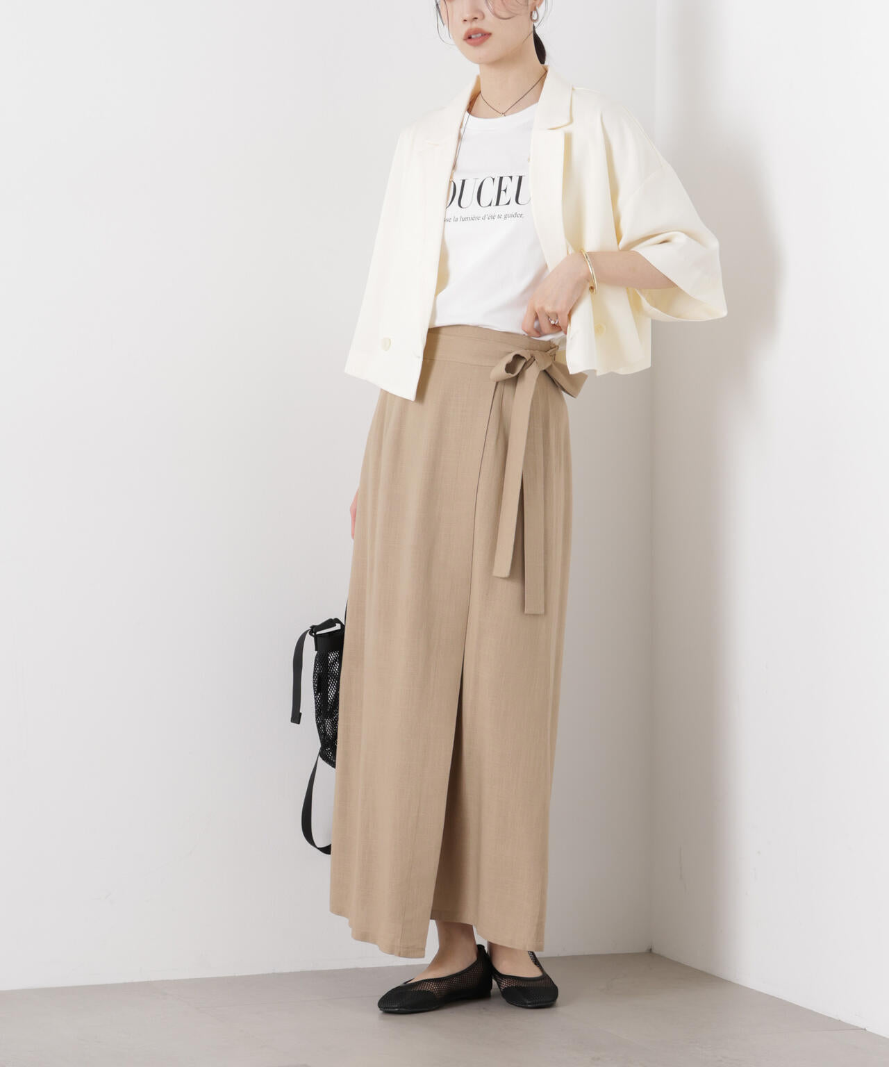 多機能リネン混ラップ風サイドリボンスカート(セットアップ可)