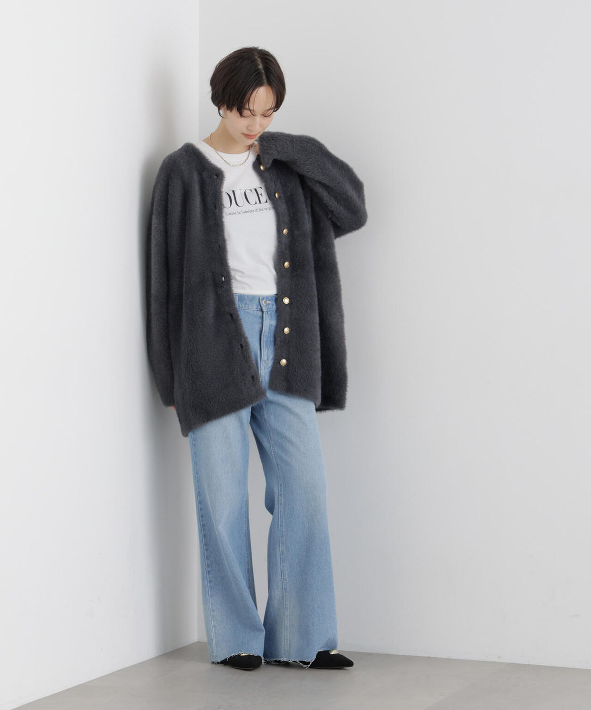 配色シャギーニットジャケット 6736216302