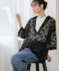 WEB限定/フラワーレーススキッパープルオーバーシャツ