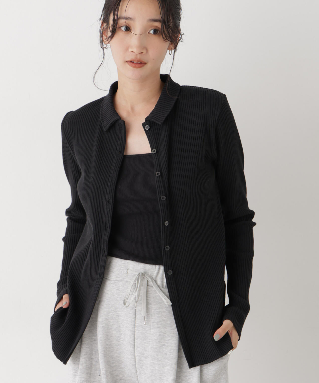プレーティングリブ衿付きカーディガン(セットアップ可) 6736222302
