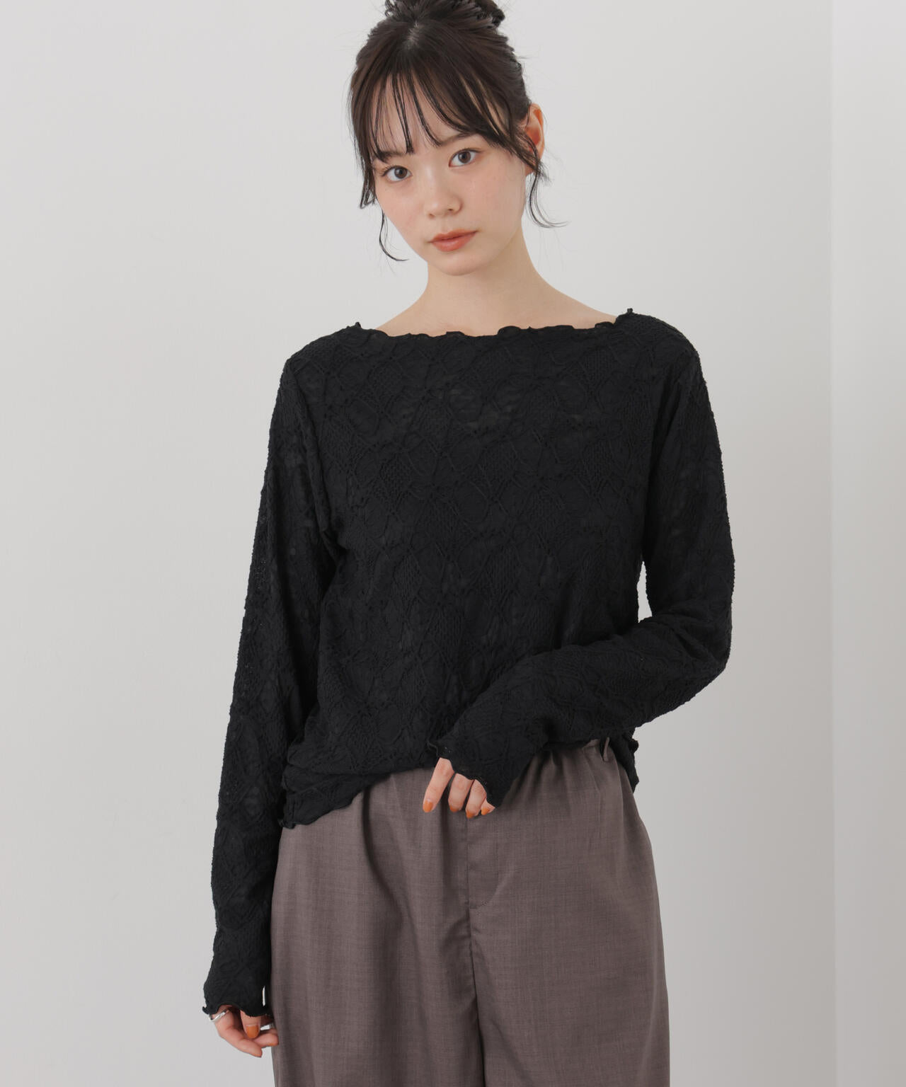 ウェーブジャガードカットメローロングスリーブトップス 6736223311