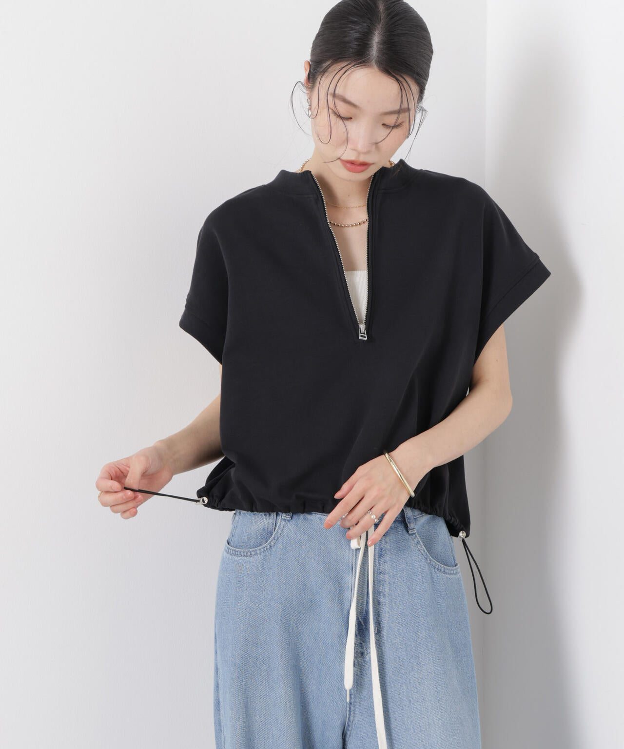 接触冷感ダンボールカットハーフジップトップス(セットアップ可) 6736224307