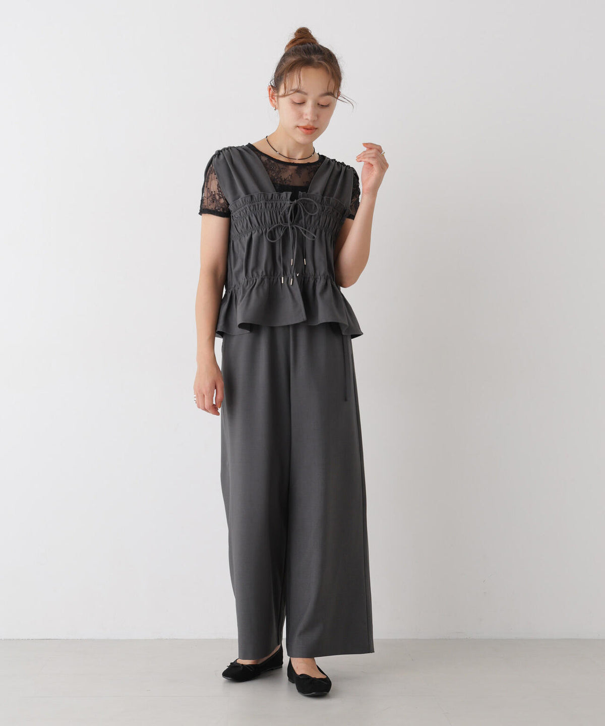 ベルト付きツイルワイドパンツ(セットアップ可) 6736227308