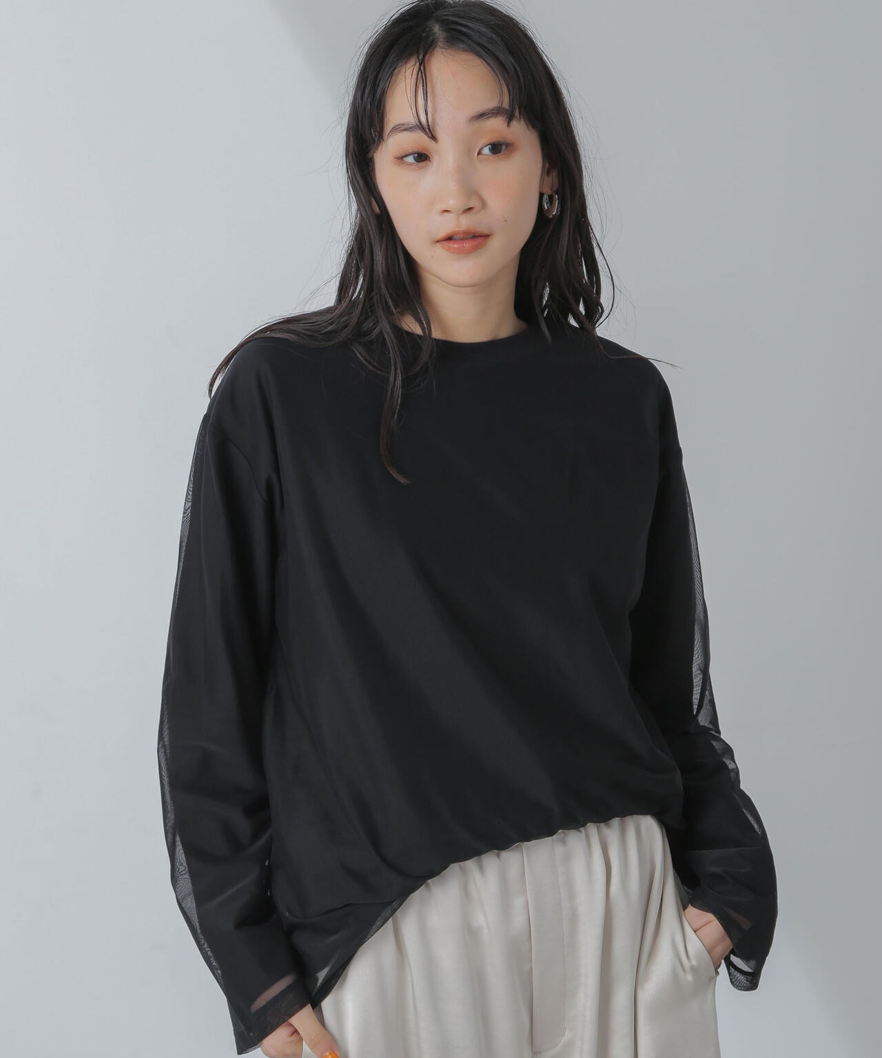 チュールレイヤードロングスリーブTシャツ 6734123307