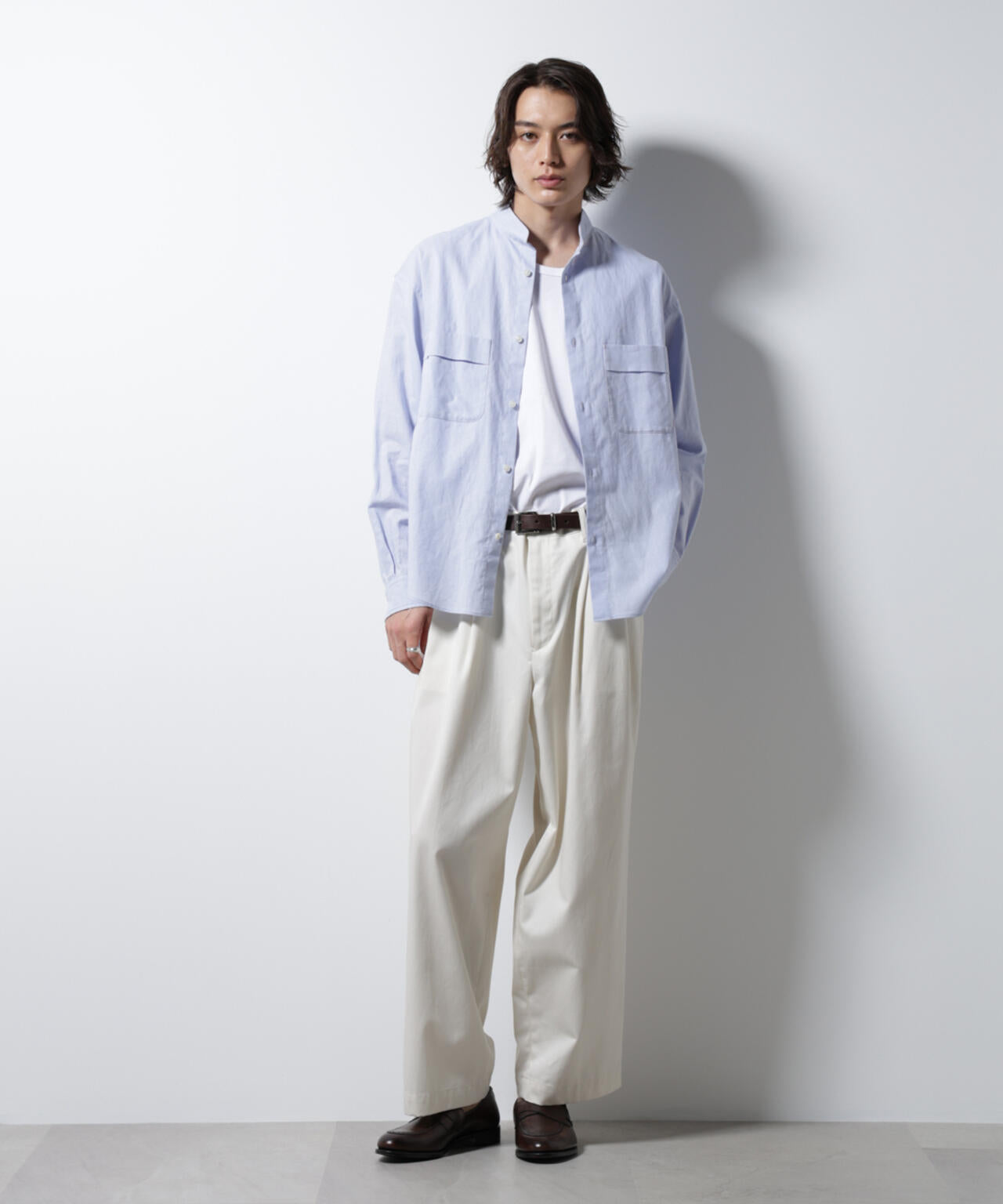 「BELGIUM LINEN FABRICS」リネンコットンスタンドカラーシャツ 6685120219